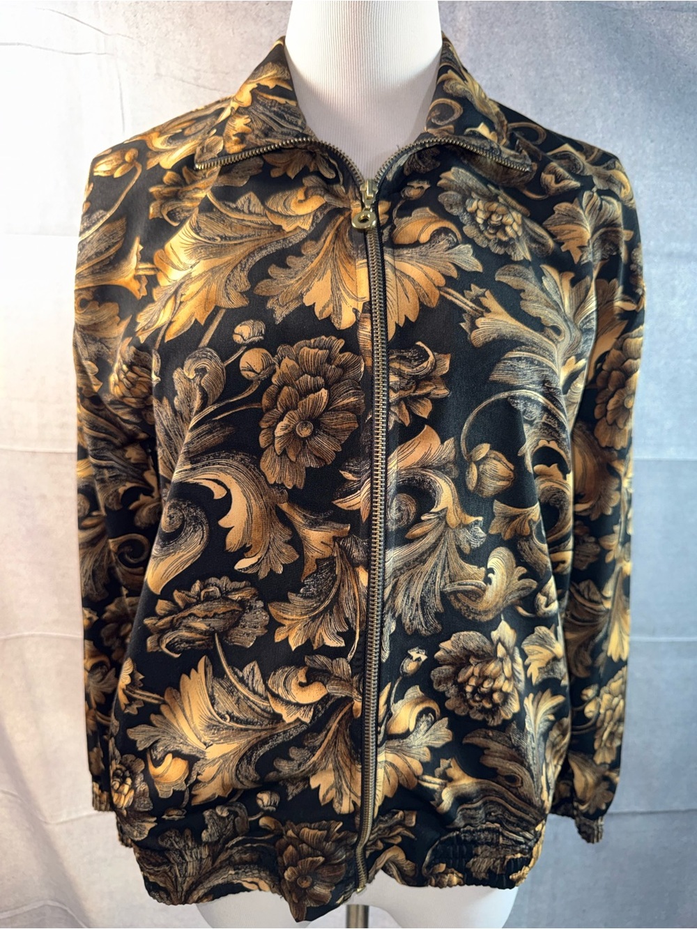 1435-Vintage Tag Black and Gold Floral Bomber Jacket